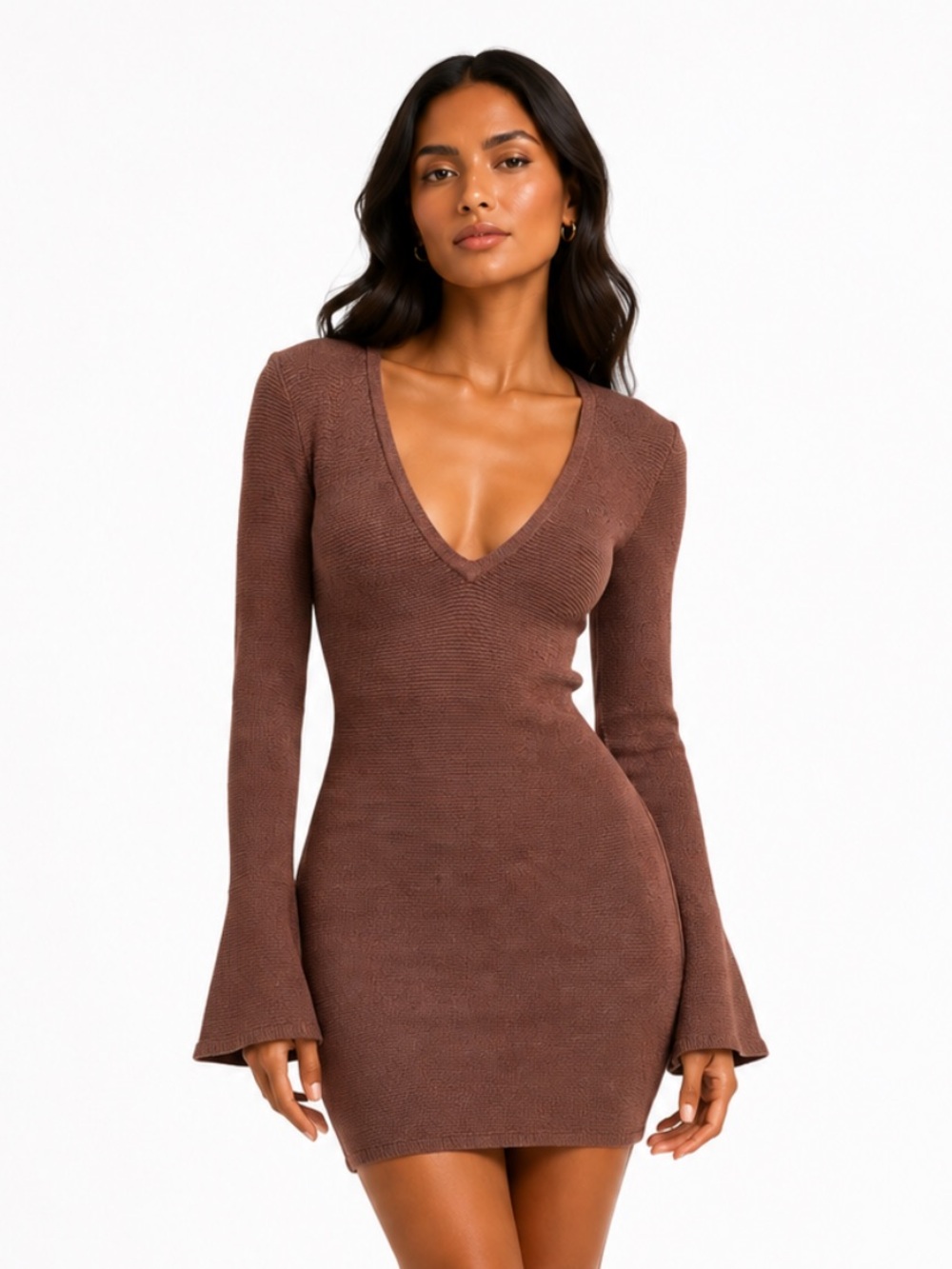 RONNY KOBO Quiet Luxury Long Sleeve V-Neck Bodycon Dress Dusty Rose Minimalist